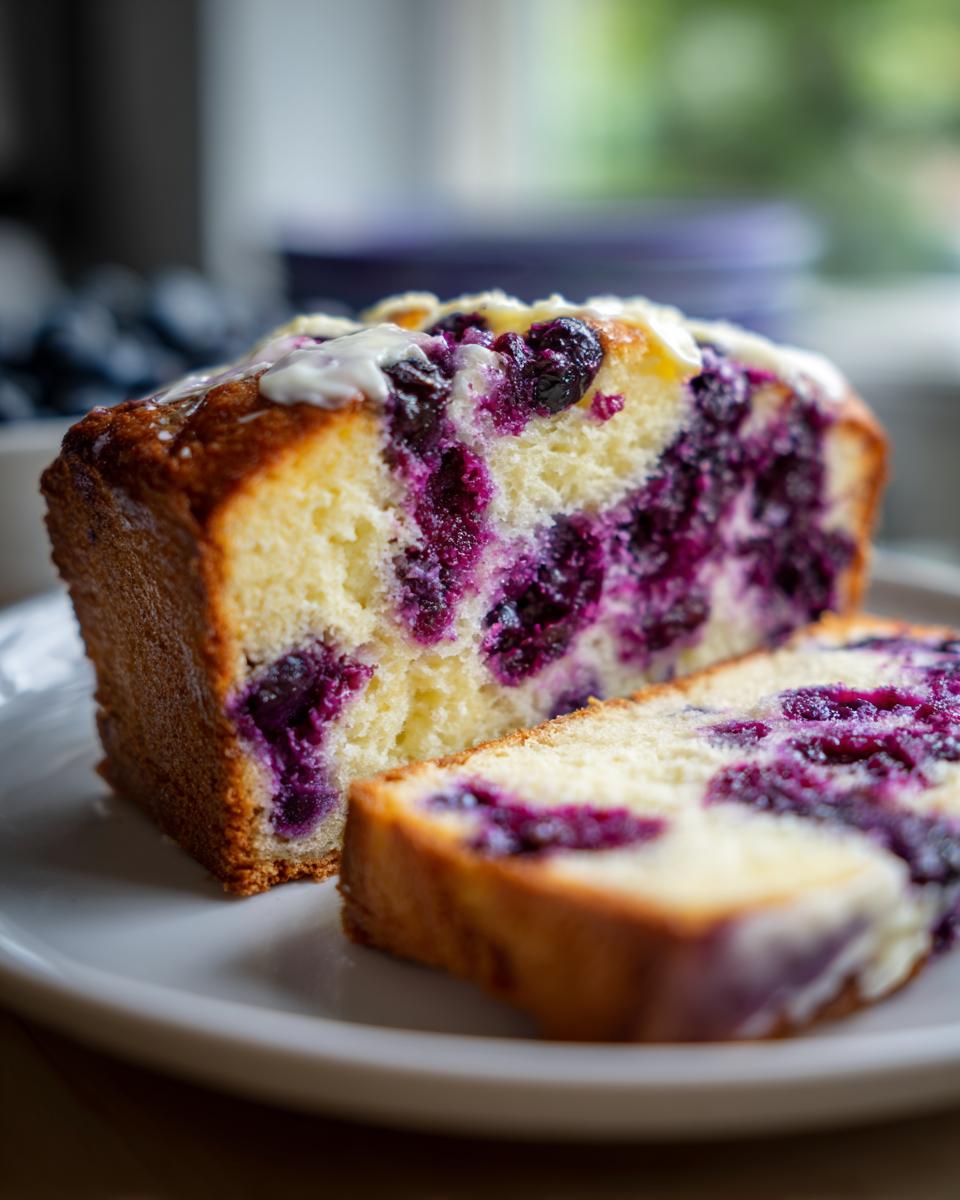 Close-up of a slice of Blueberry Cream Cheese Bread showing rich purple berries and a light cream cheese glaze.