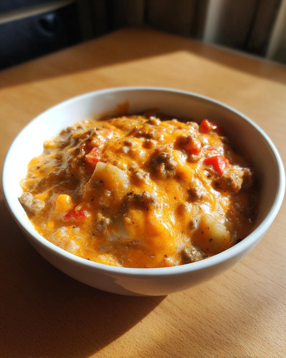 A white bowl filled with thick crockpot cheeseburger soup, topped with melted cheddar cheese and ground beef.
