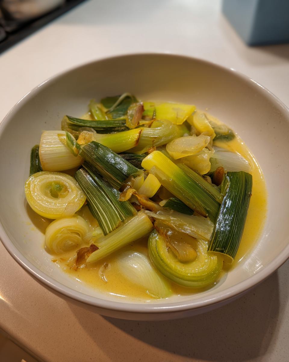 Close-up of tender, sliced braised leeks swimming in a light yellow sauce inside a white bowl.