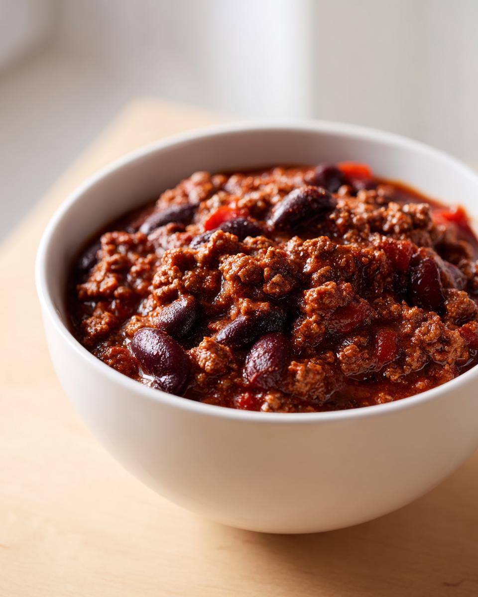 Close-up of a white bowl filled with rich, hearty chili, featuring ground meat and dark red kidney beans, showcasing the best chili recipe.