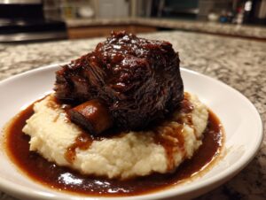 A single, rich, dark braised short ribs served over creamy polenta, drizzled with pan sauce.