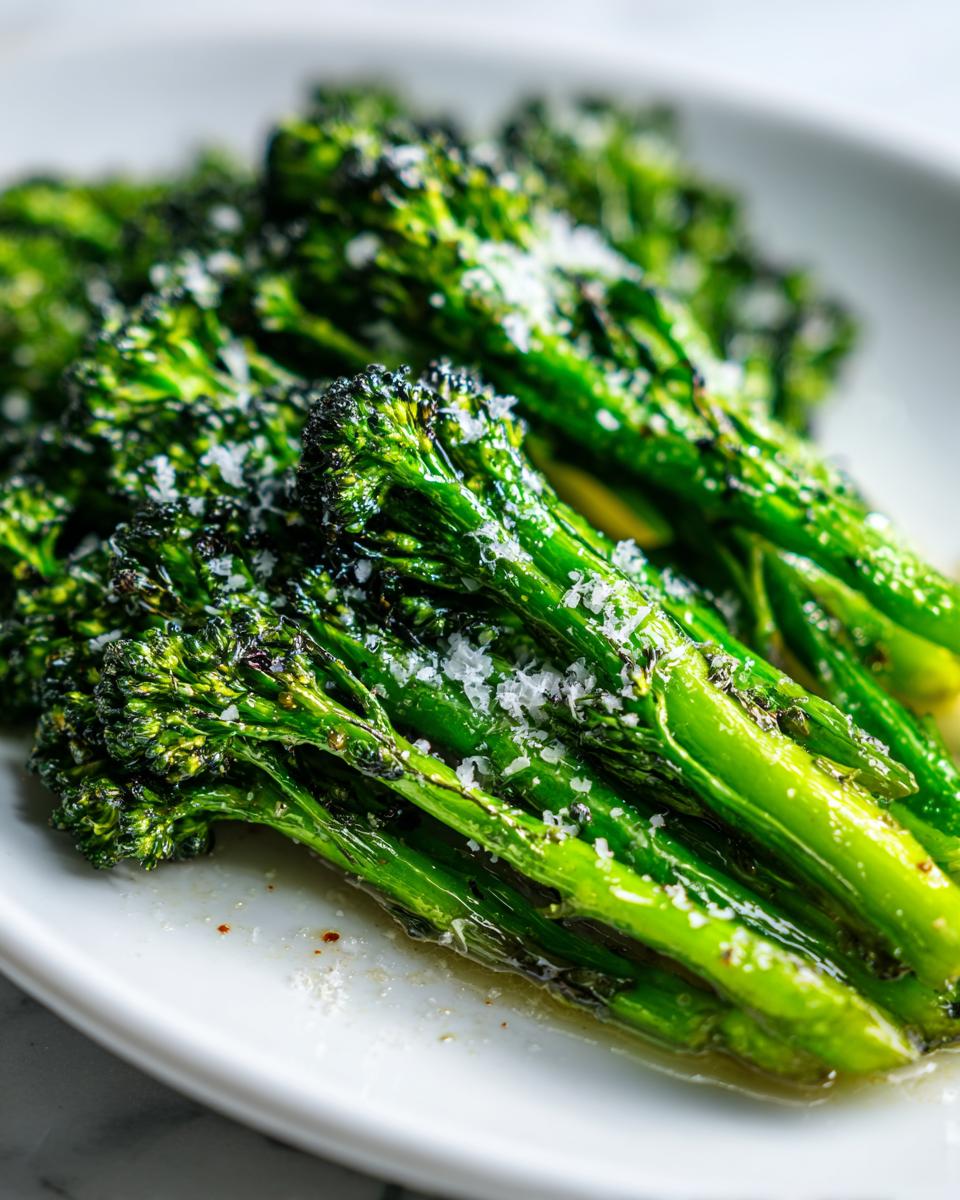 Close-up of bright green, tender broccolini stalks seasoned with flaky salt on a white plate.