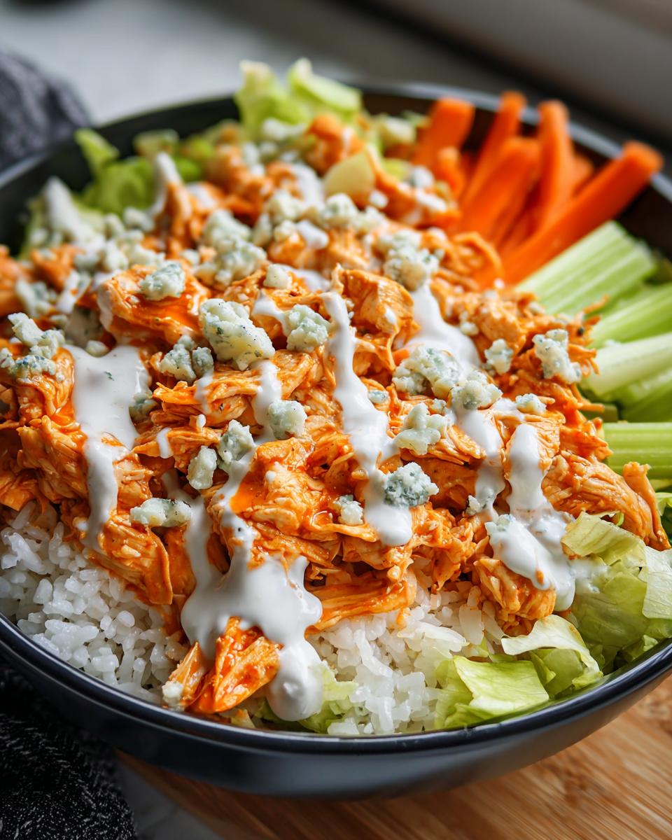 A close-up of a buffalo chicken bowl featuring shredded buffalo chicken over rice, topped with ranch dressing, blue cheese crumbles, lettuce, carrots, and celery.
