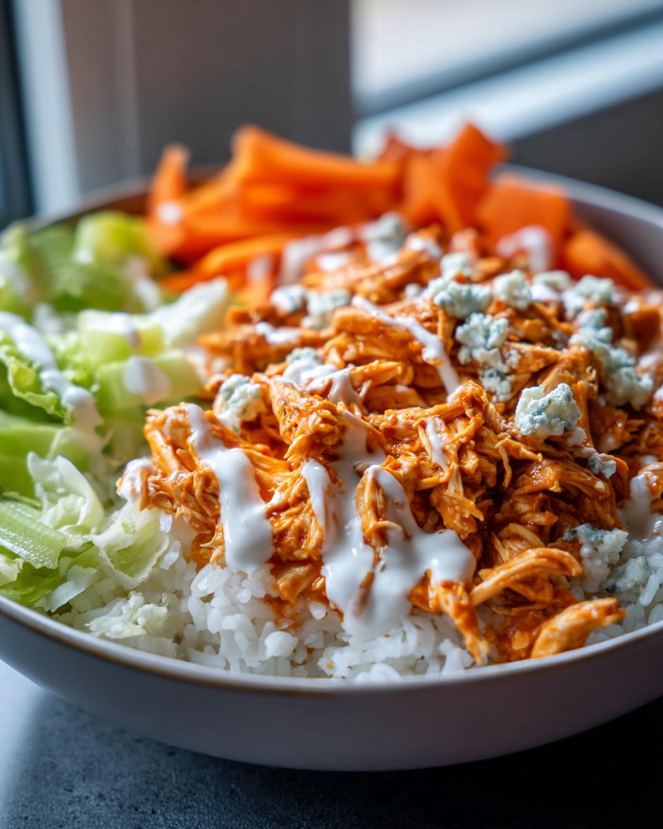 A close-up of a buffalo chicken bowl featuring shredded buffalo chicken over white rice, topped with ranch dressing and blue cheese crumbles.