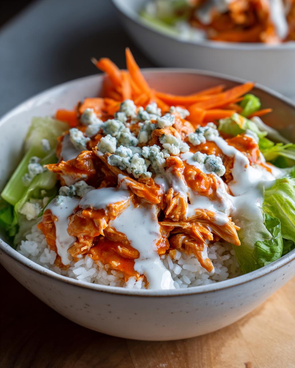 A close-up of a buffalo chicken bowl featuring shredded buffalo chicken over rice, topped with ranch dressing, blue cheese crumbles, and shredded carrots.