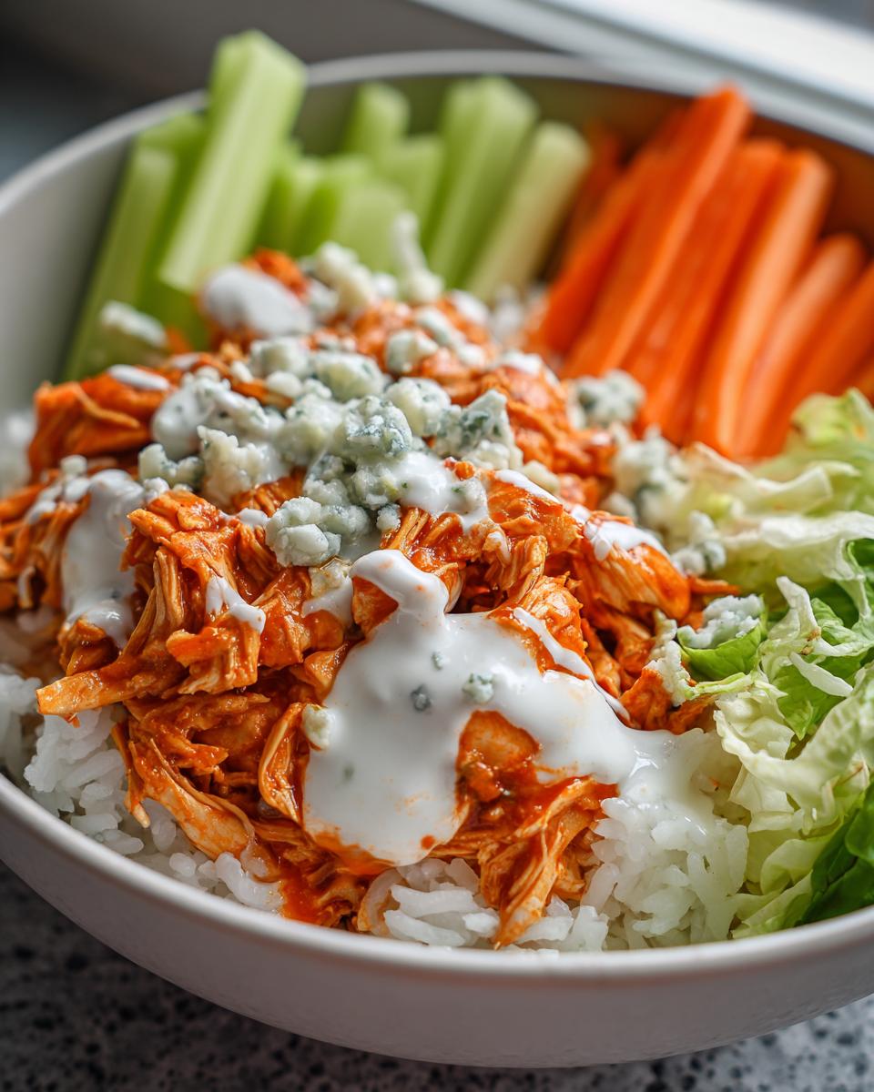 A close-up of a buffalo chicken bowl featuring shredded orange buffalo chicken over white rice, topped with ranch/blue cheese dressing and crumbles.