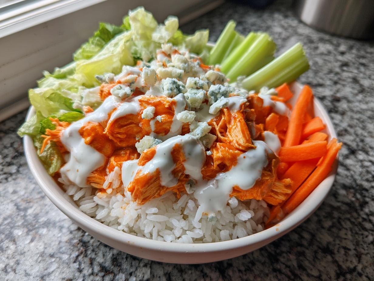 A close-up of a buffalo chicken bowl featuring shredded buffalo chicken over white rice, topped with ranch dressing, blue cheese crumbles, lettuce, carrots, and celery.