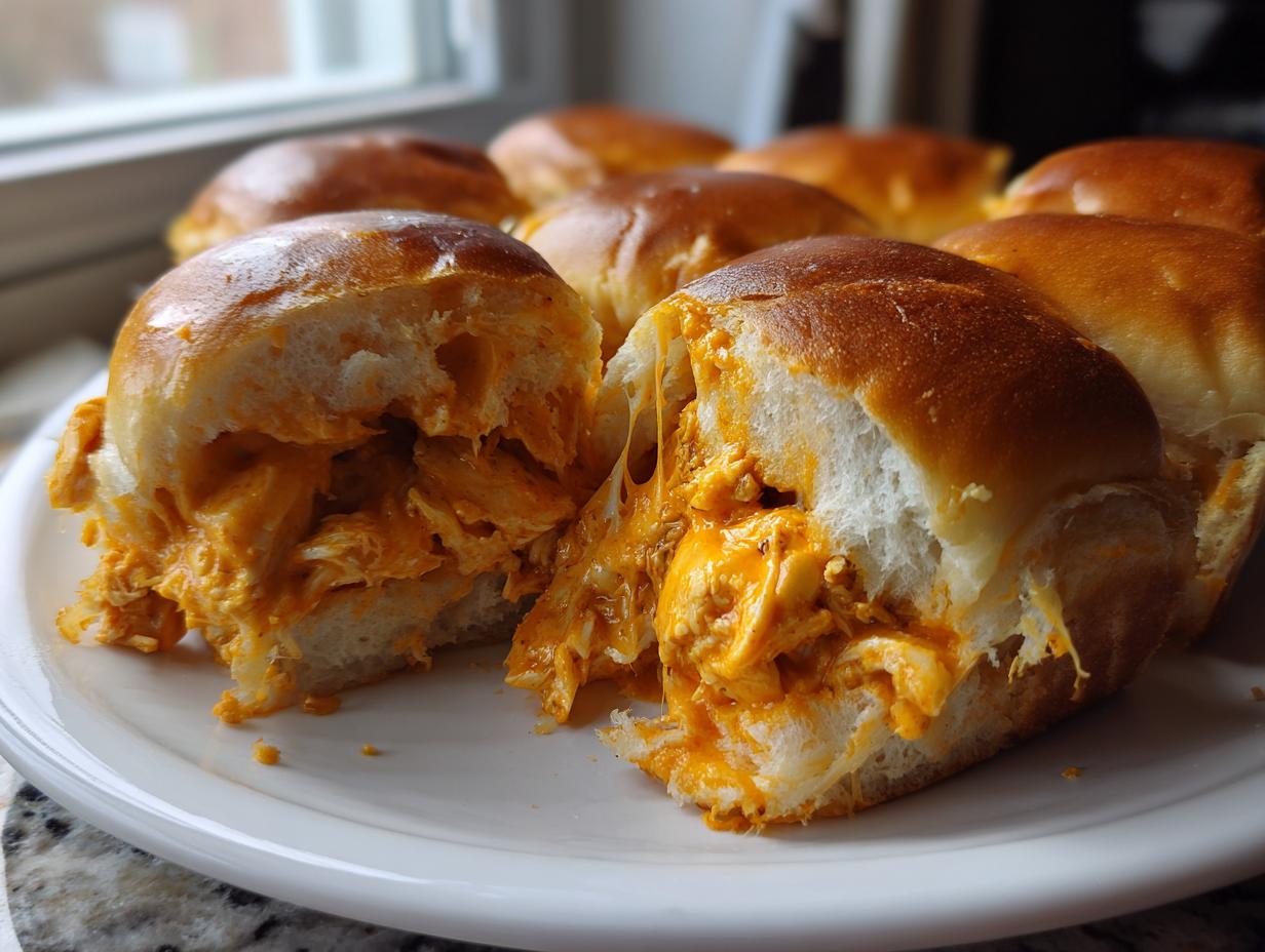 Close-up of baked buffalo chicken sliders on a white plate, showing shredded chicken filling and melted cheese inside a soft roll.