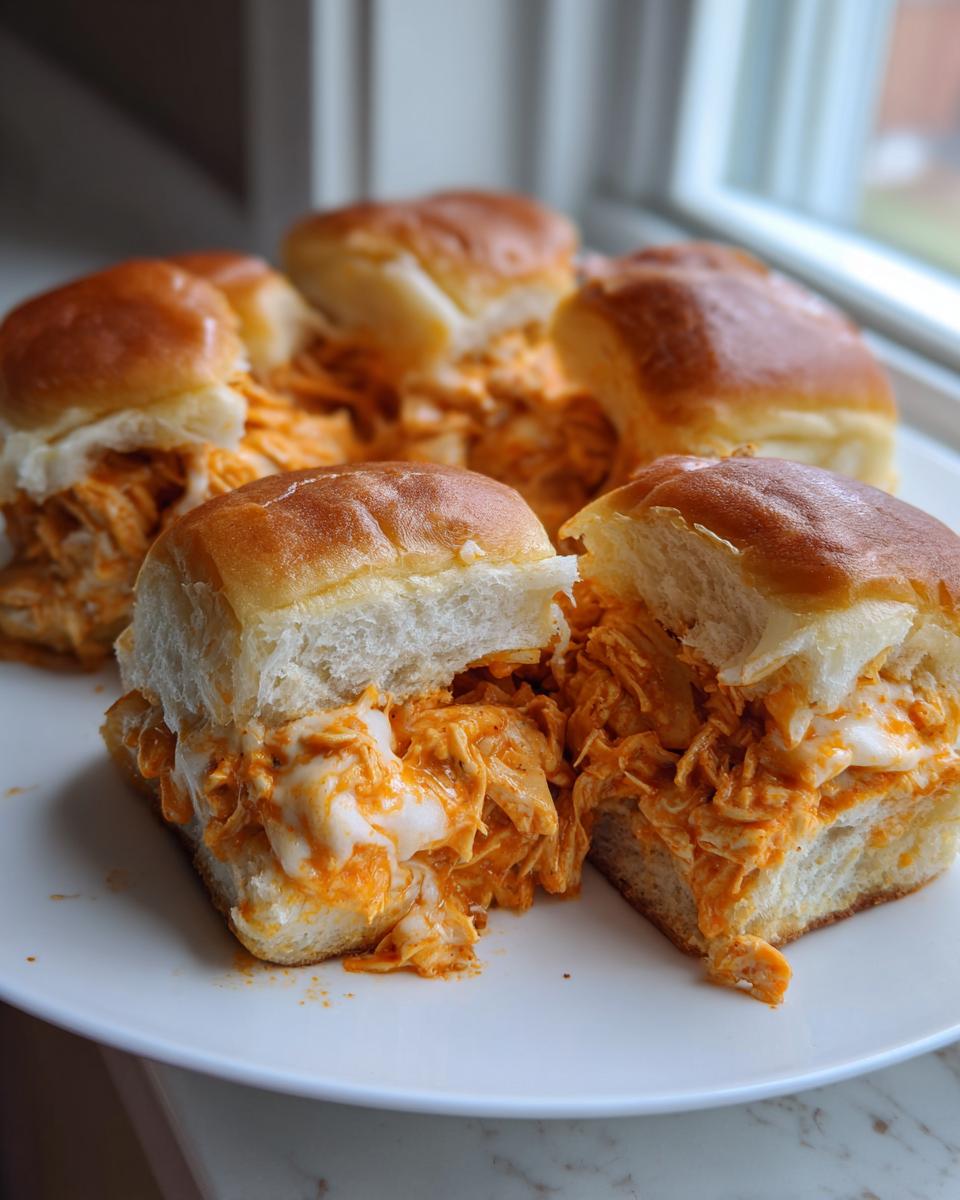 Close-up of several gooey buffalo chicken sliders made with shredded chicken and melted cheese on soft rolls.