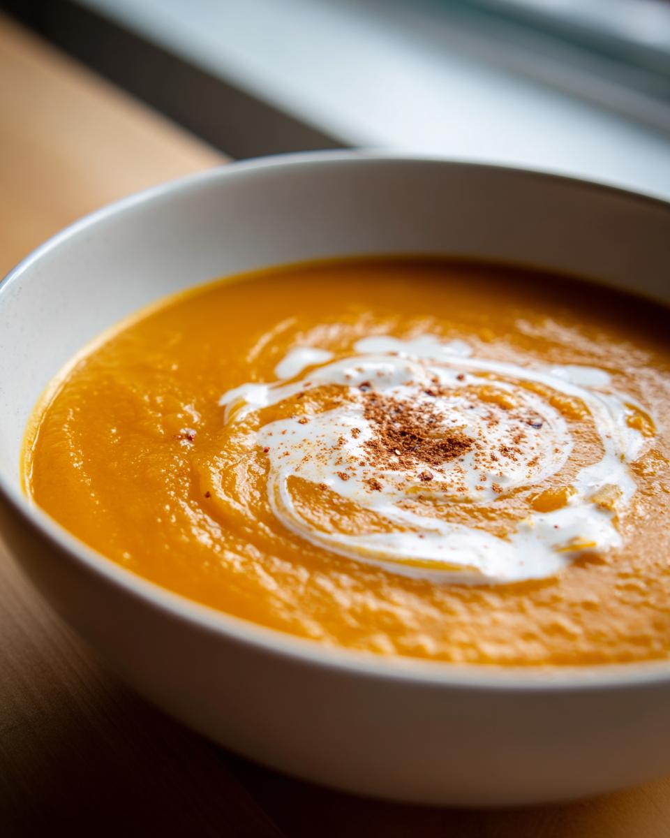 Close-up of a bowl of vibrant orange butternut squash soup topped with a cream swirl and spice dust.