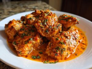 Close-up of several pieces of seasoned Cajun chicken bathed in a rich, orange-hued creamy sauce and garnished with fresh parsley.
