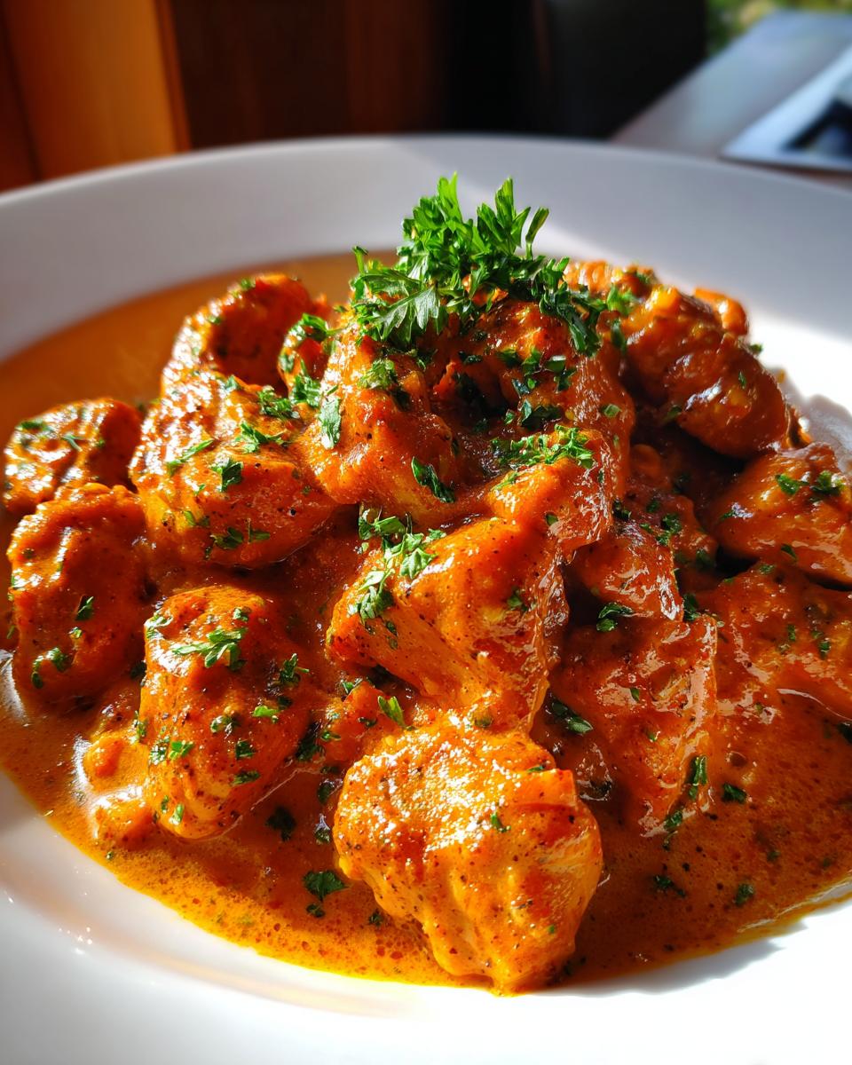 Close-up of tender pieces of Cajun chicken coated in a rich, creamy orange sauce and garnished with fresh parsley.