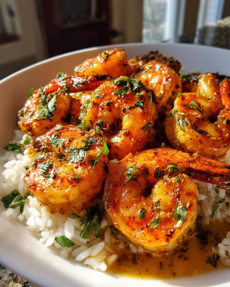 Close-up of plump, seasoned Cajun shrimp served over white rice and garnished with fresh parsley.