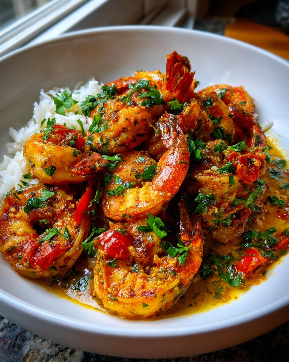 Close-up of vibrant Cajun shrimp coated in a rich, buttery sauce, served over white rice and garnished with parsley.