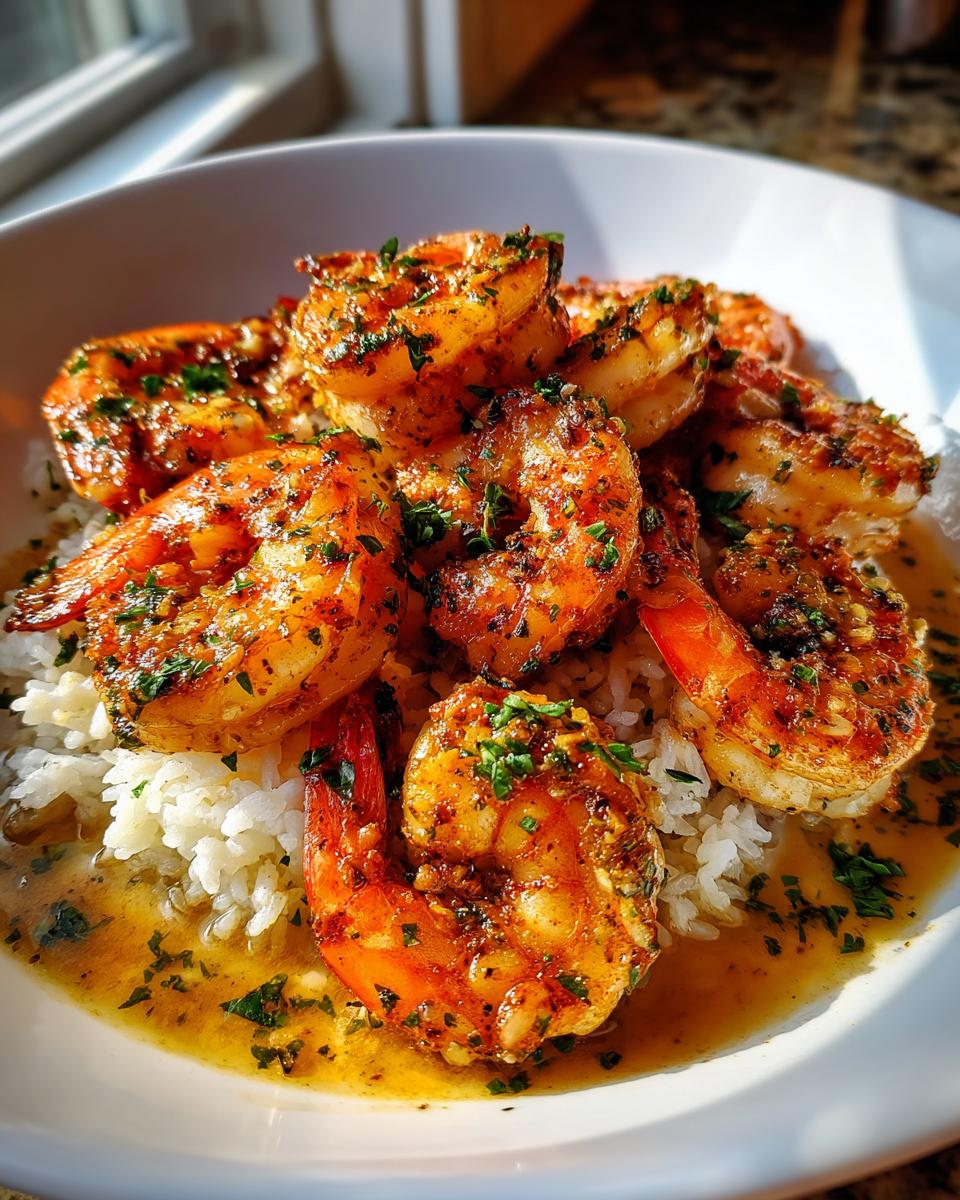 Close-up of seasoned Cajun shrimp piled high over white rice, glistening in a buttery sauce and garnished with parsley.