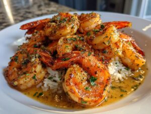 A close-up of flavorful Cajun shrimp, glistening in a buttery sauce and served over white rice.