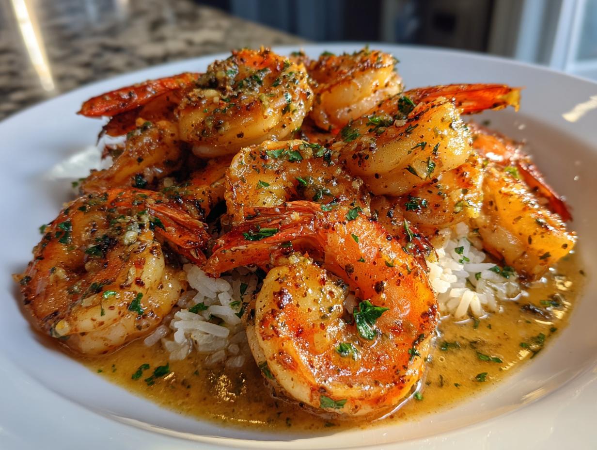 A close-up of flavorful Cajun shrimp, glistening in a buttery sauce and served over white rice.