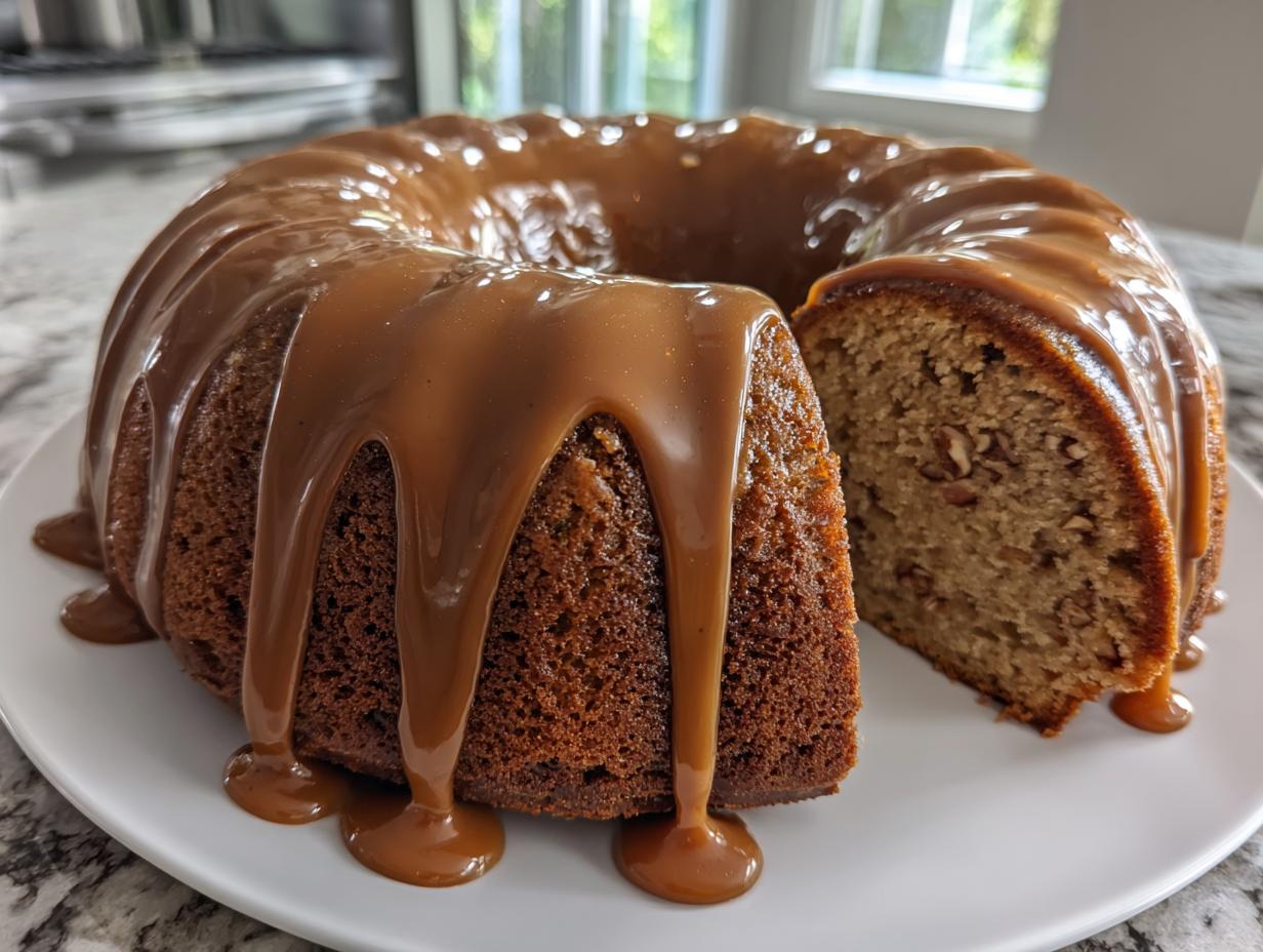 A rich, brown apple dapple cake in a bundt shape, generously drizzled with thick caramel sauce, with one slice cut out revealing nuts inside.