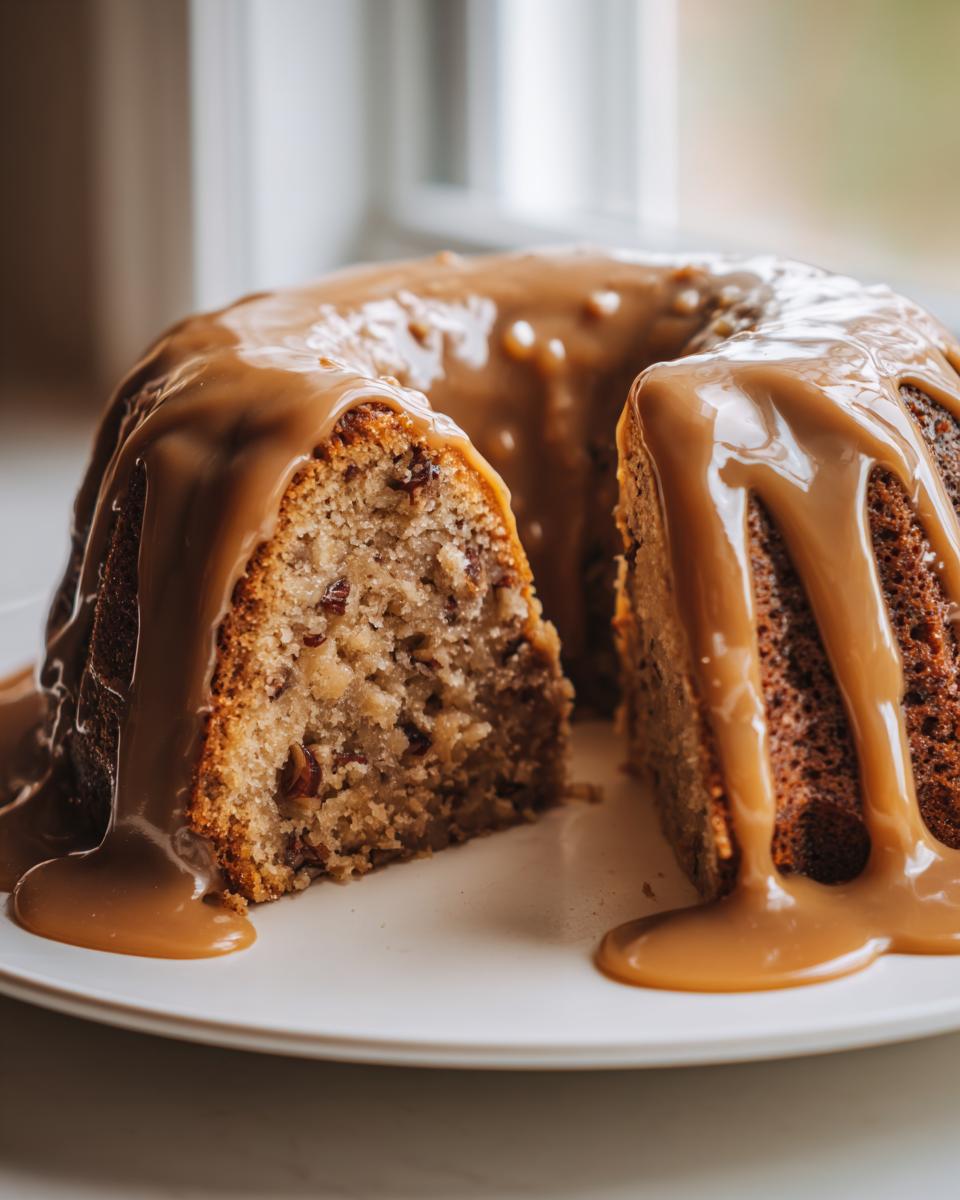 A rich apple dapple cake, shaped like a bundt cake, generously covered in caramel sauce with one slice cut out.