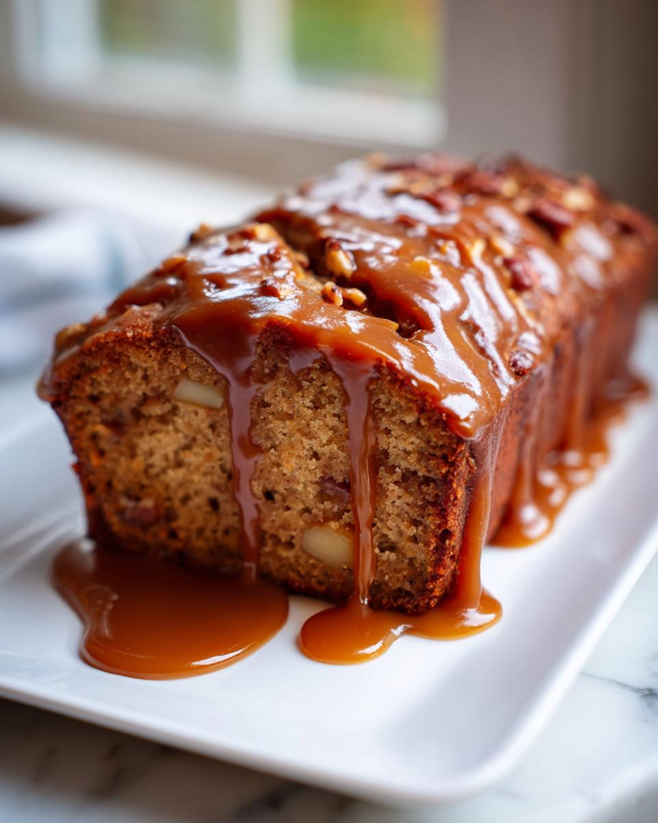 A close-up of a moist apple dapple cake loaf generously topped with thick caramel sauce and chopped nuts.