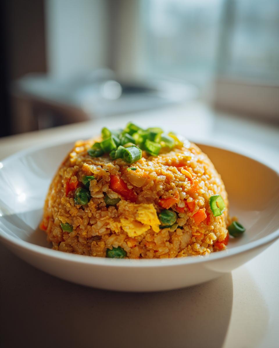 A mound of vibrant cauliflower fried rice mixed with carrots and peas, topped with fresh green onions.