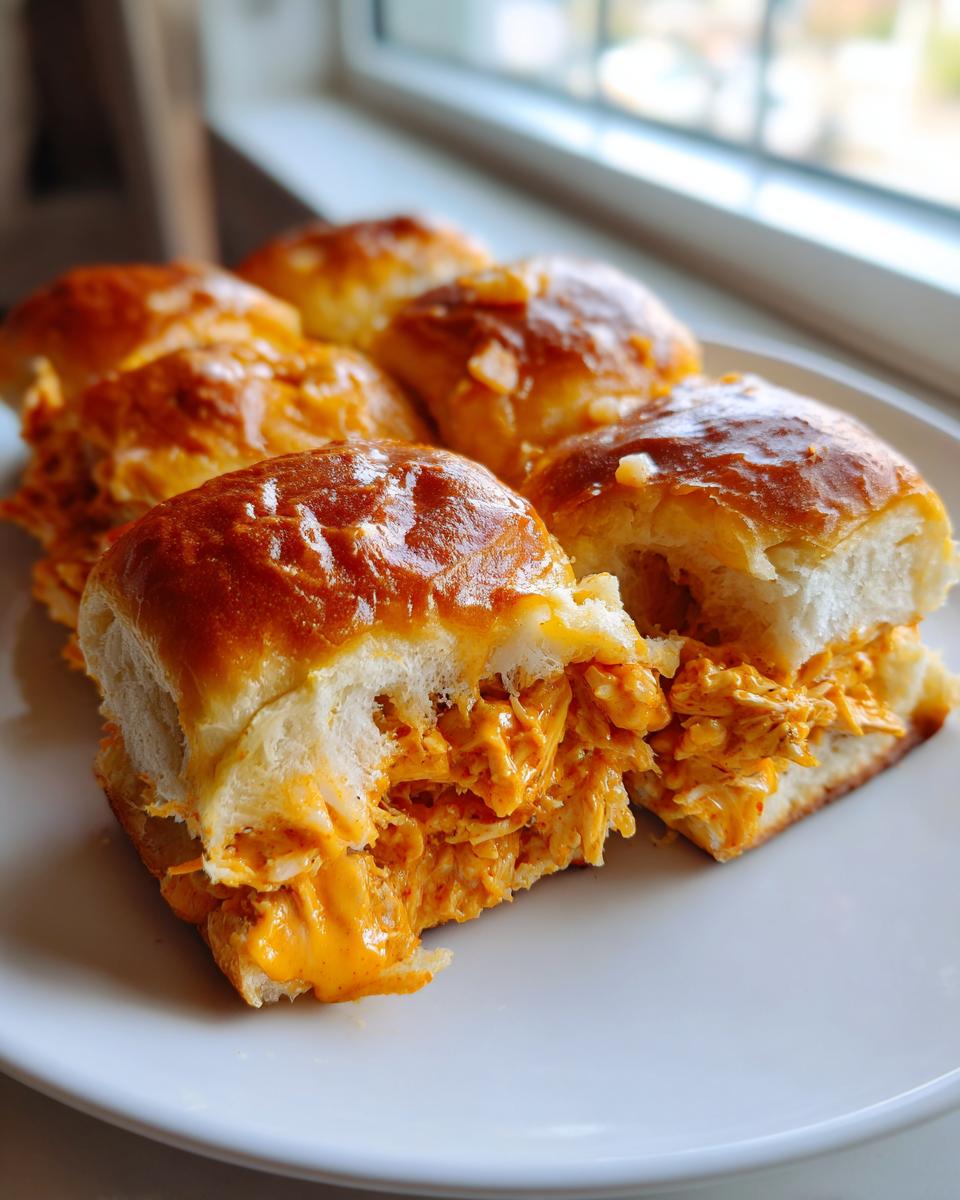Close-up of several glossy, baked buffalo chicken sliders filled with orange, cheesy shredded chicken.
