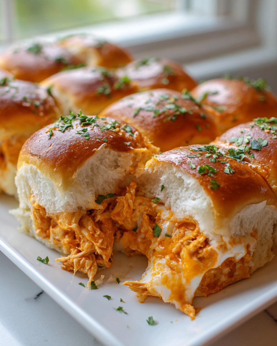 A close-up view of cheesy buffalo chicken sliders, with one slider pulled apart showing the shredded orange filling.