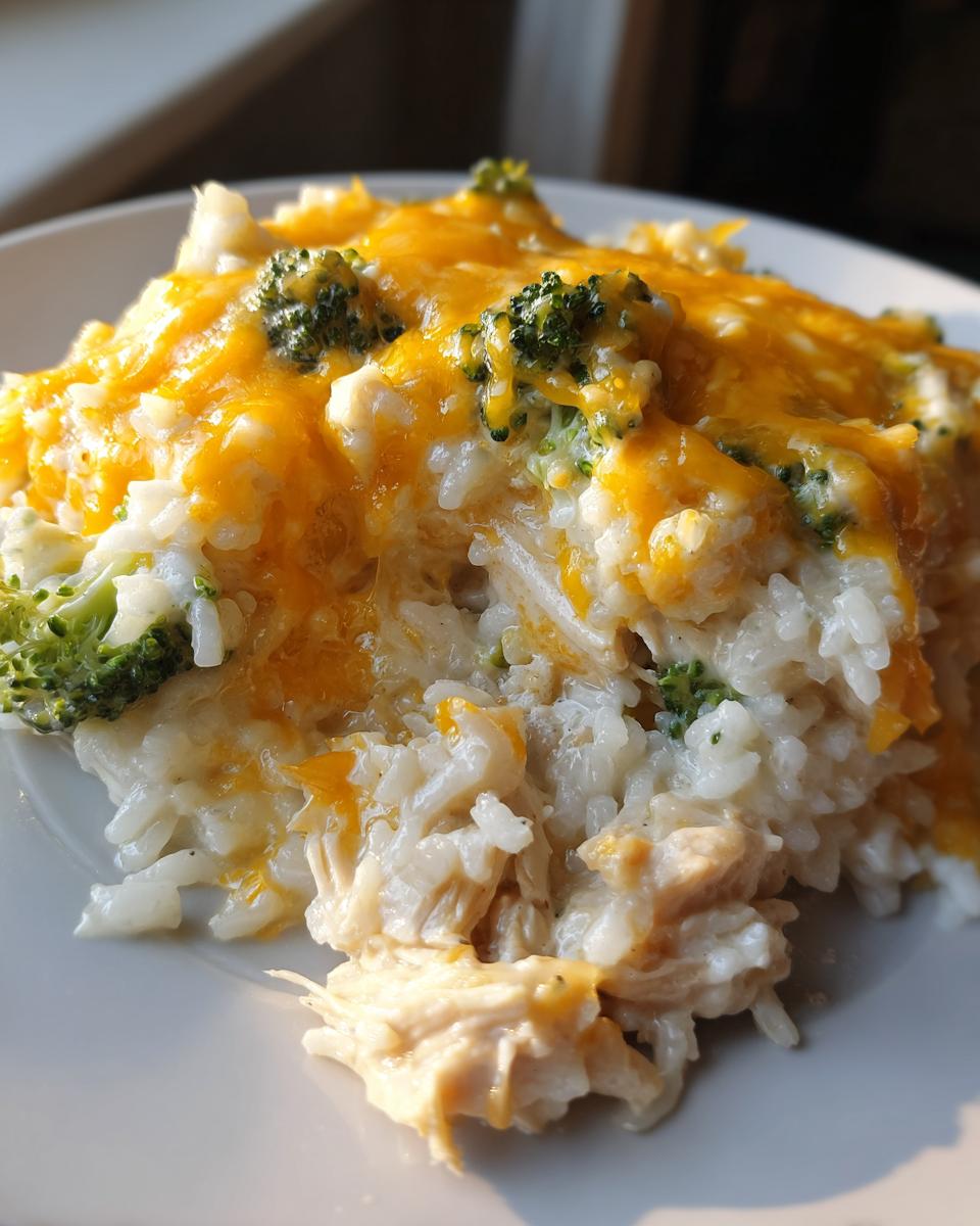 A close-up serving of cheesy chicken and rice mixed with bright green broccoli florets, topped with melted cheddar cheese.