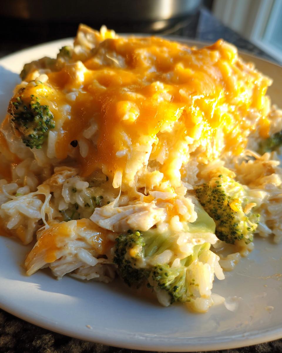 A close-up serving of cheesy chicken and rice casserole topped with melted orange cheddar cheese and visible broccoli florets.