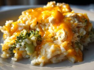 A close-up serving of cheesy chicken and rice mixed with bright green broccoli florets, topped with melted cheddar cheese.