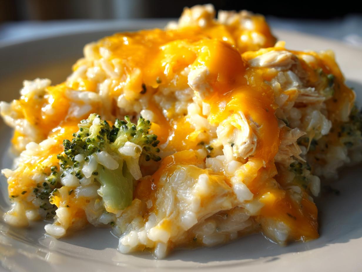 A close-up serving of cheesy chicken and rice mixed with bright green broccoli florets, topped with melted cheddar cheese.