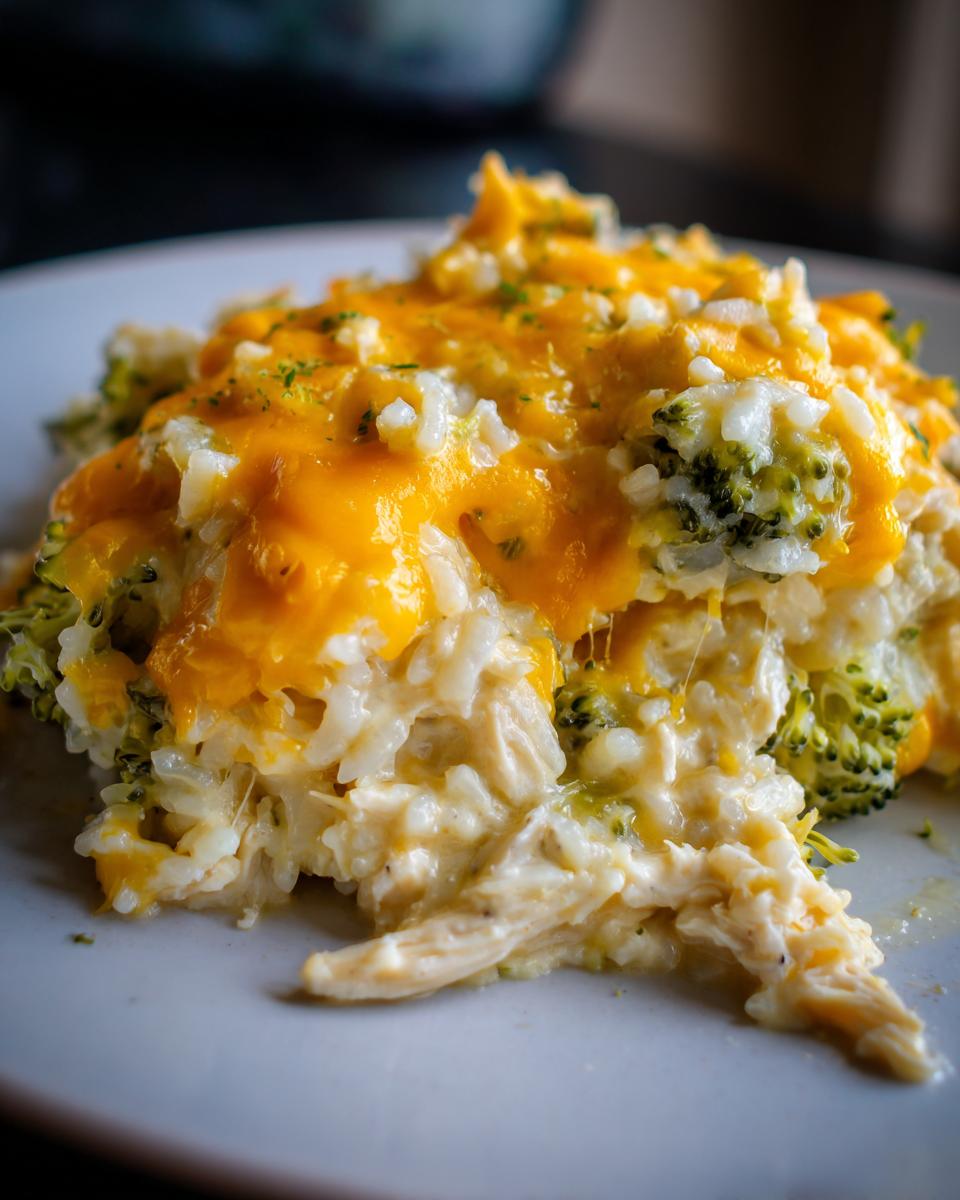 Close-up of a serving of cheesy chicken and rice casserole topped with melted cheddar cheese and broccoli florets.