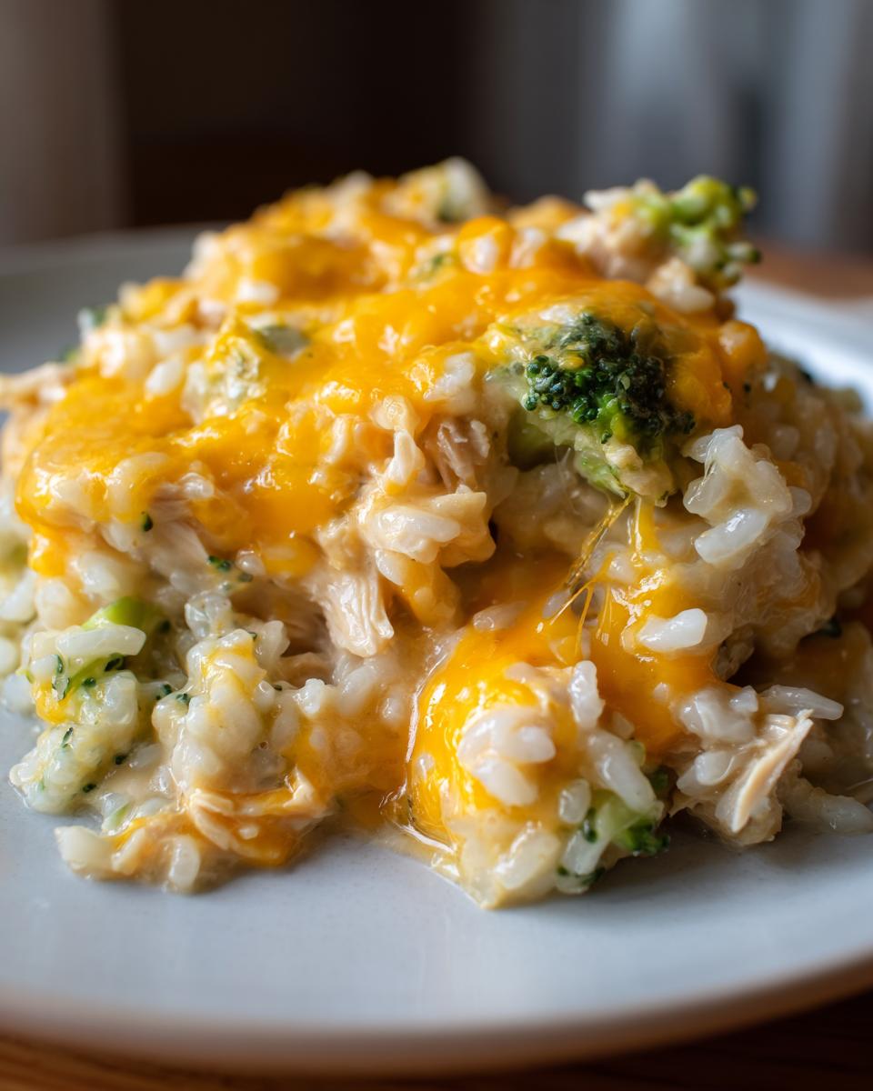 Close-up of a serving of cheesy chicken and rice with broccoli, topped with melted cheddar cheese.
