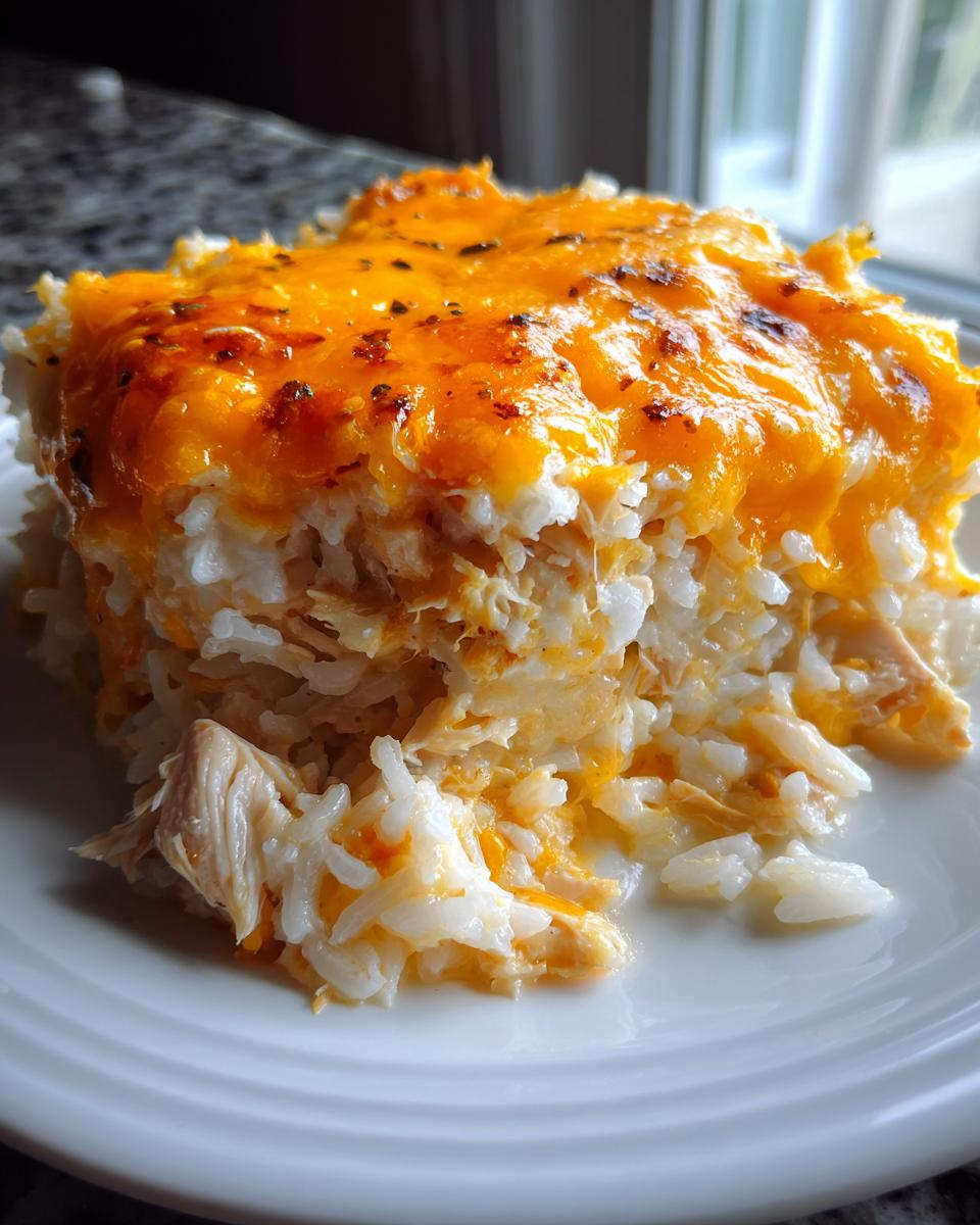 A close-up serving of cheesy chicken rice casserole on a white plate, showing melted cheddar.