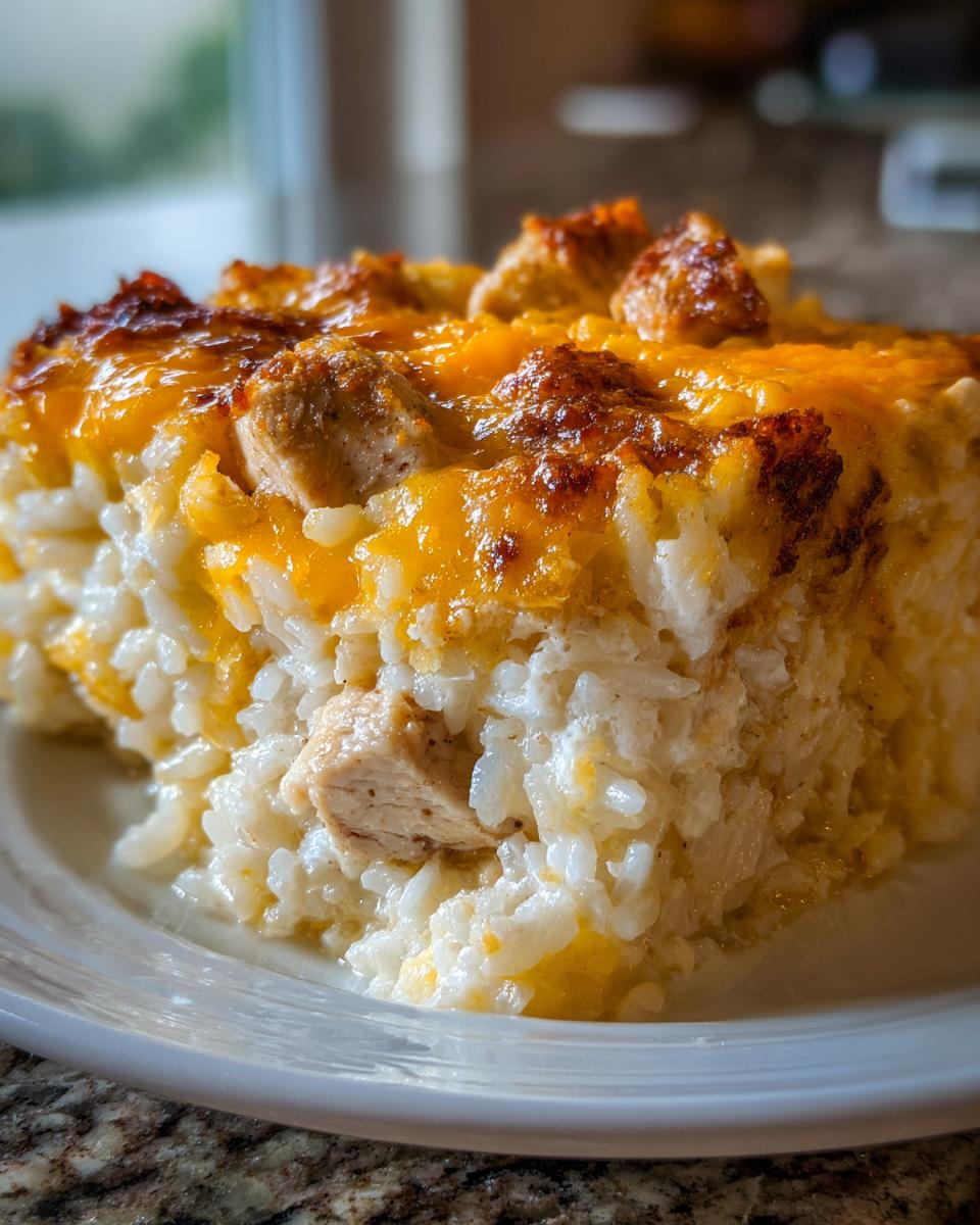 Close-up of a square serving of creamy chicken rice casserole topped with melted, browned cheddar cheese.