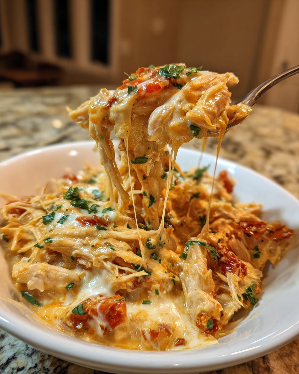 A fork lifts a cheesy, creamy portion of shredded crockpot marry me chicken, showing long cheese pulls.