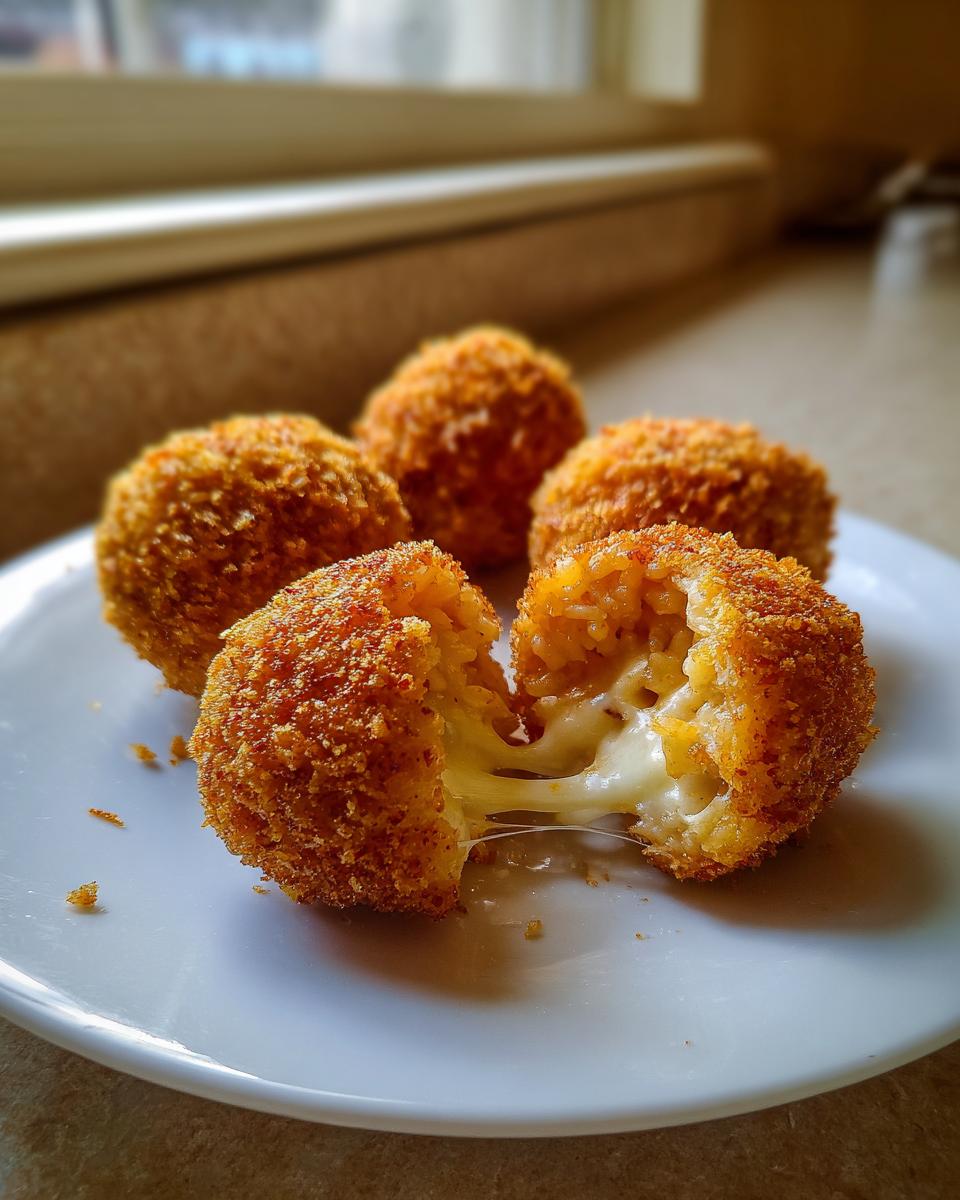 Close-up of golden-brown fried rice balls, one broken open showing melted cheese stretching out.