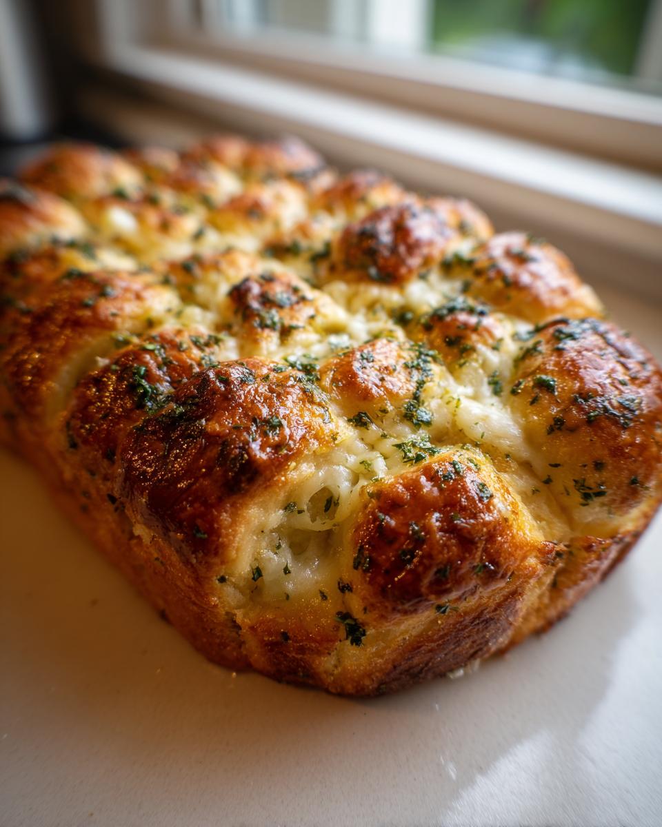 Close-up of a pan of golden brown, cheesy hawaiian roll garlic bread topped with parsley.