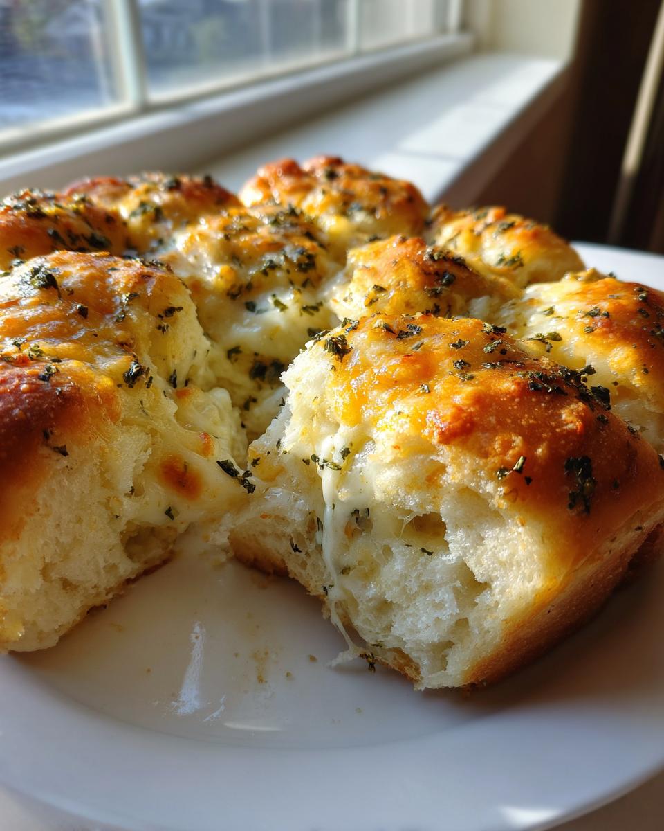 Close-up of cheesy Hawaiian roll garlic bread pulling apart, showing melted cheese and herbs.