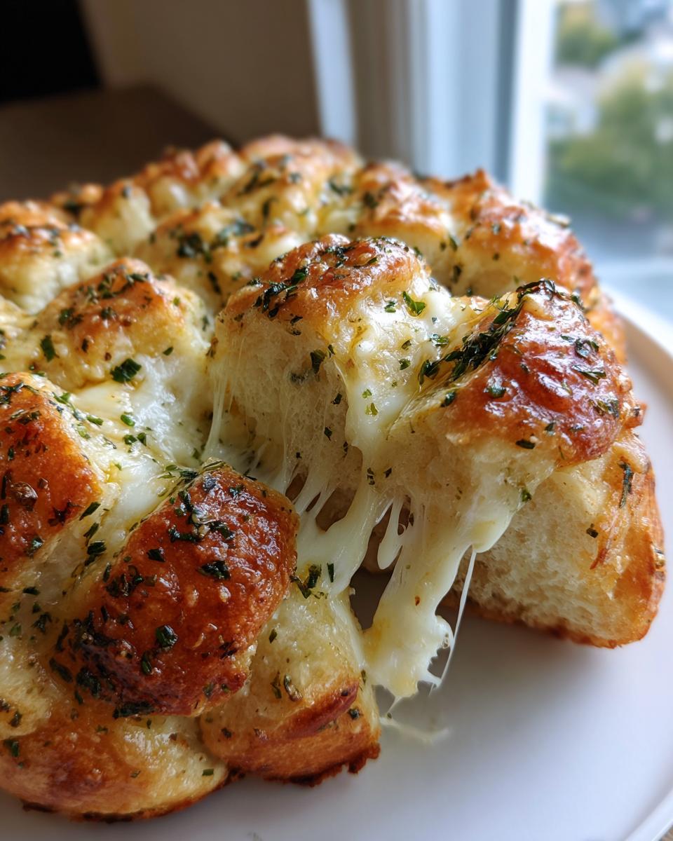 A piece of cheesy hawaiian roll garlic bread being pulled apart, showing melted cheese strings and herbs.