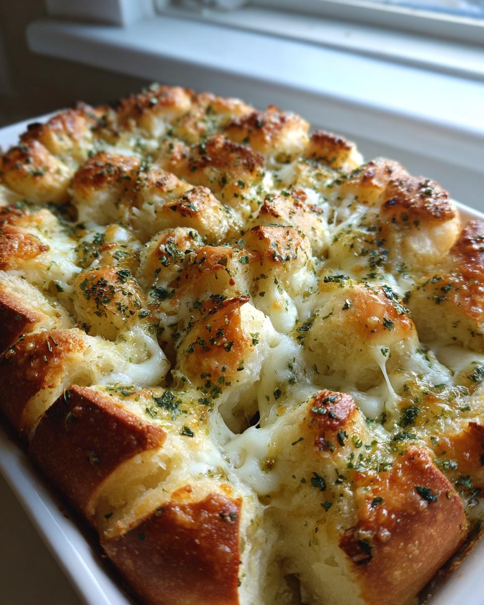 Close-up of cheesy Hawaiian roll garlic bread, baked golden brown and topped with herbs.