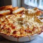 A scoop of steaming hot crab dip being lifted from a bubbly, baked dish, showing a dramatic cheese pull.