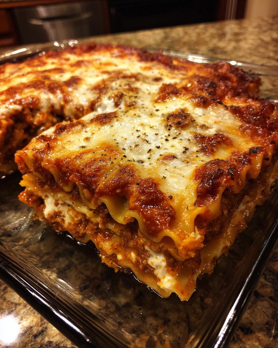 A close-up slice of rich, cheesy lazy lasagna showing layers of pasta, meat sauce, and melted mozzarella.