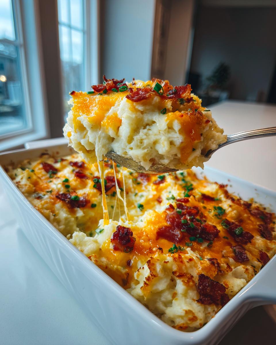 A spoonful of cheesy mashed potato casserole is lifted from a white baking dish, showing melted cheese strings.