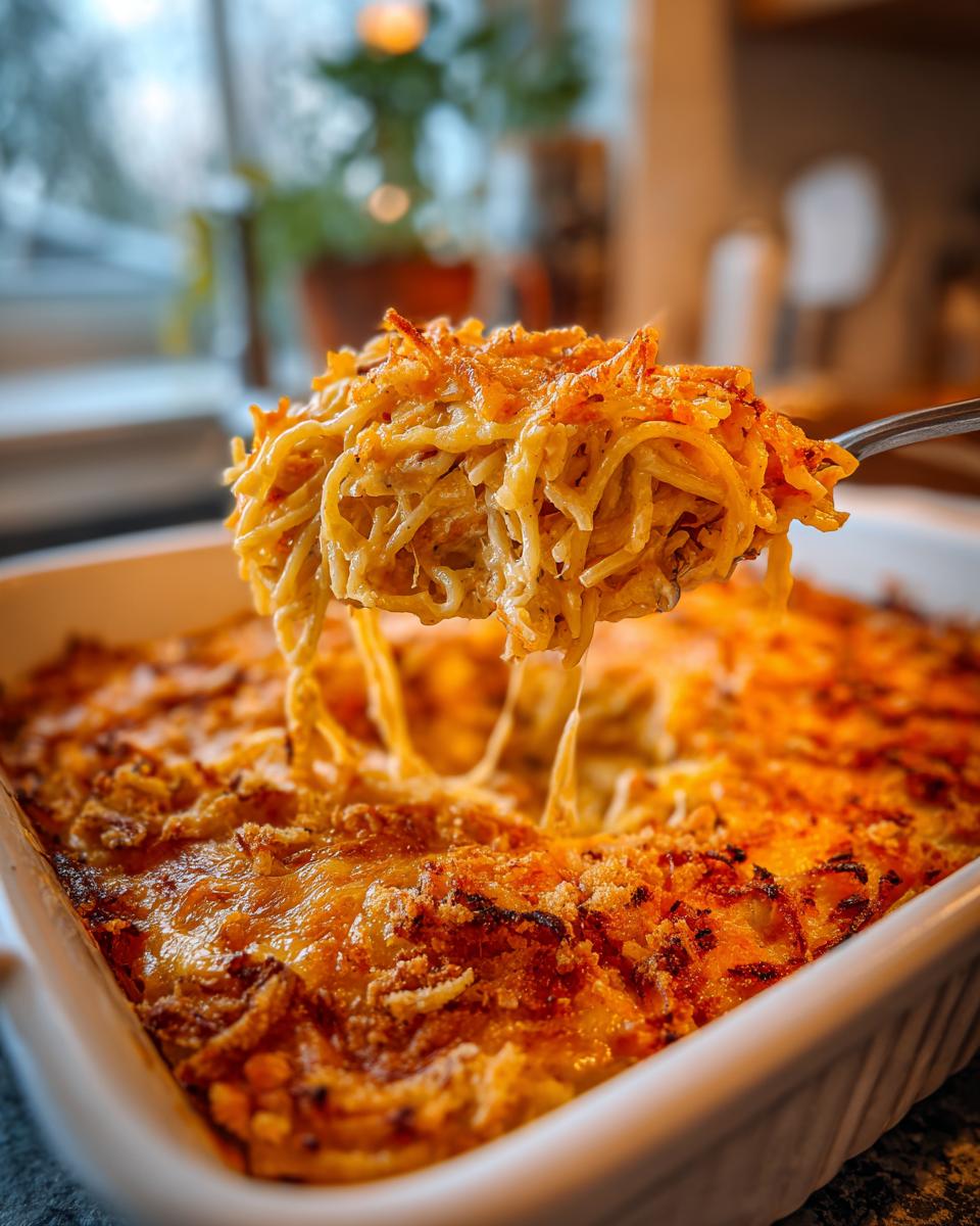 A spoonful of cheesy Monterey chicken spaghetti is lifted from a baking dish showing a dramatic cheese pull.