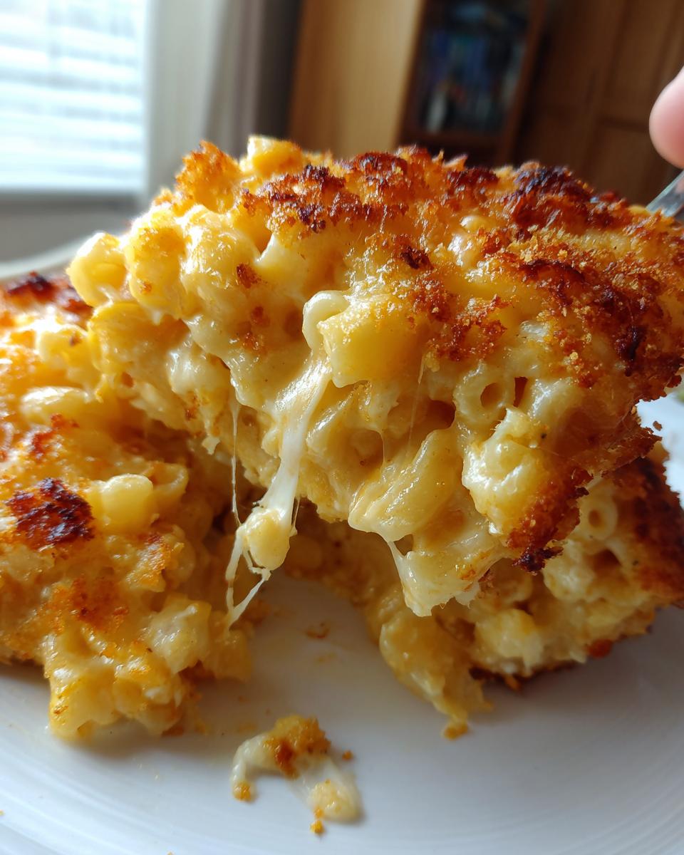 Close-up of a serving of baked mac and cheese showing extreme cheese pull and crispy topping.