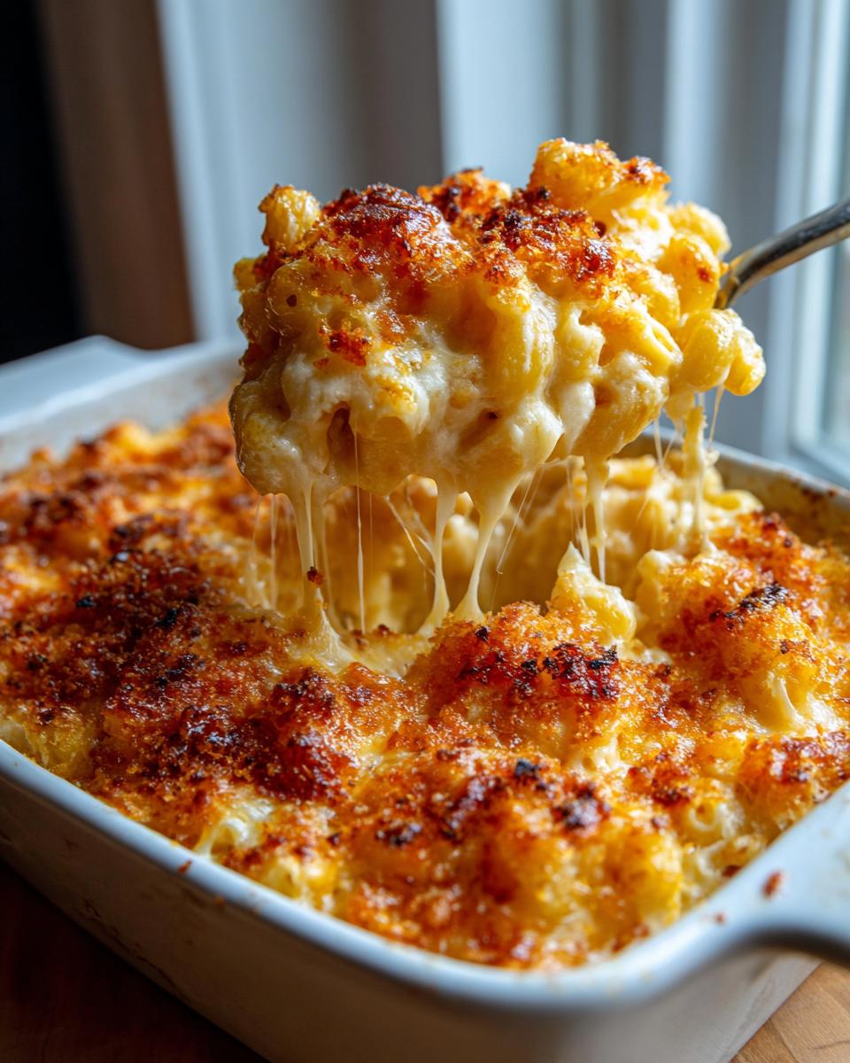 A spoonful of creamy, cheesy baked mac and cheese is lifted, showing long cheese pulls and a crispy browned topping.