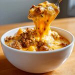 A spoonful of rich, cheesy crockpot cheeseburger soup showing a dramatic cheese pull over a white bowl.