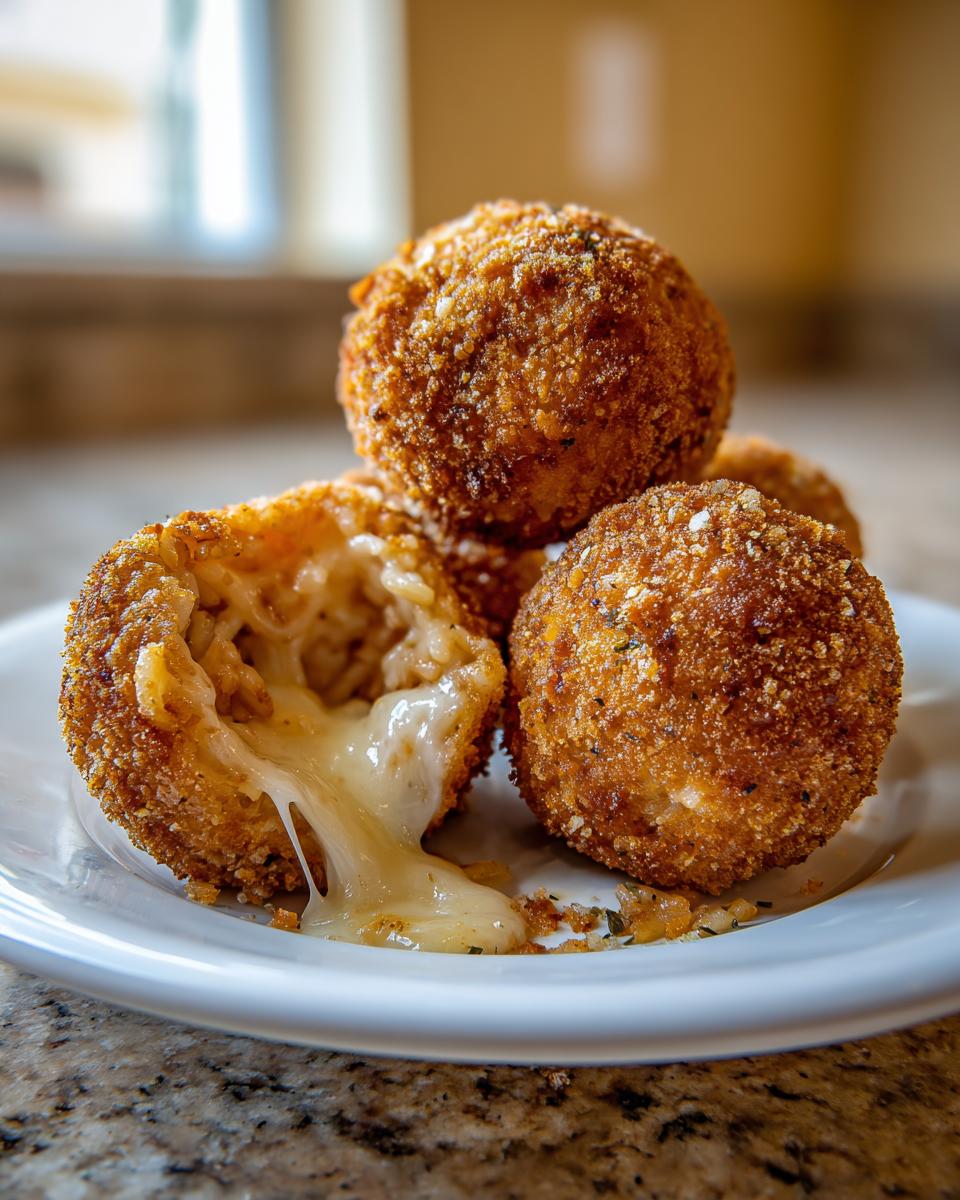 Close-up of crispy, golden brown rice balls with one cut open showing melted, gooey cheese stretching out.