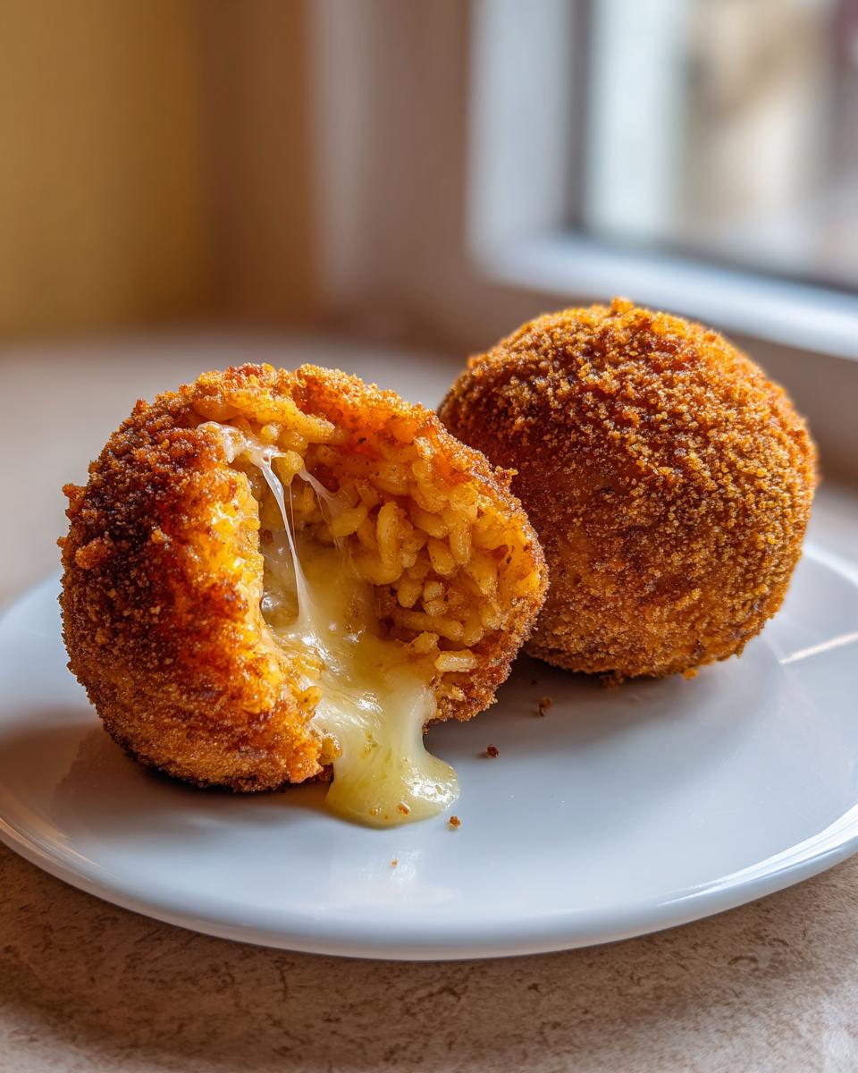Close-up of two crispy, golden brown rice balls, one cut open revealing melted, gooey cheese filling.